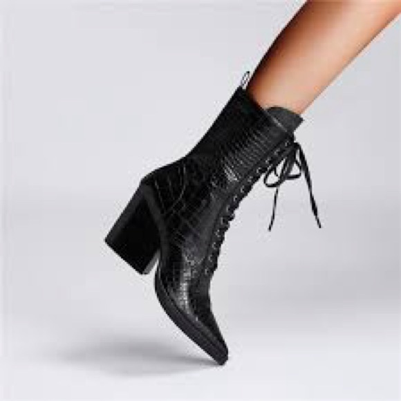 Black Croc-Embossed Lace-Up Ankle Boots - Picture 1 of 7